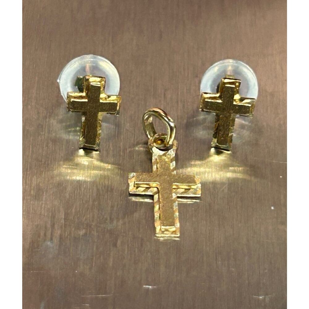 10k solid yellow gold cross set post stud earrings and pedant charm small set
